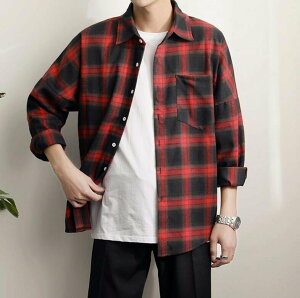 FINDSENSE MD 時尚 男 韓國 休閒 寬鬆 黑紅藍三色格子 襯衣外套 格子襯衫 長袖襯衫
