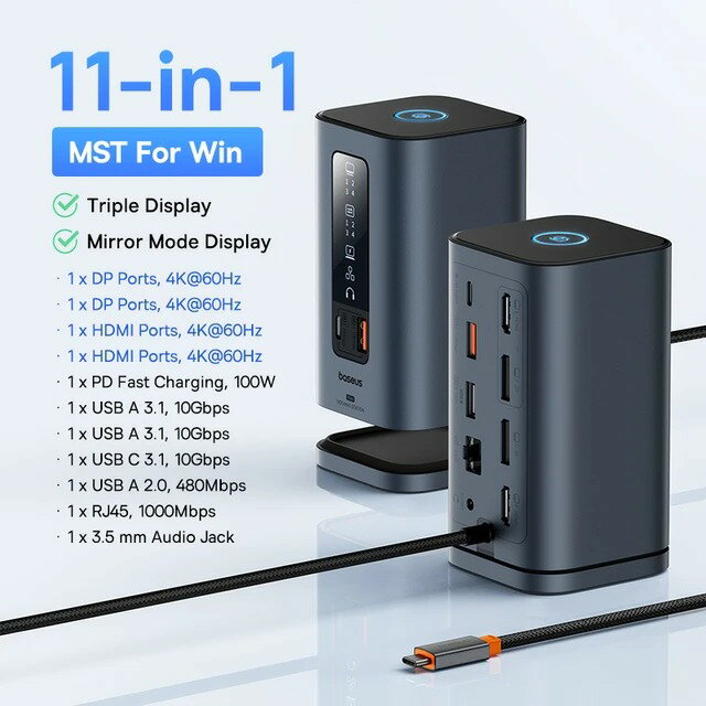 【日本代購】倍思 USB C 集線器轉 DP 4K@60Hz HDMI DisplayPort 11 合 1 擴充座三重顯示 RJ45 PD 100W 適用於 Mac USB 3.1 集線器