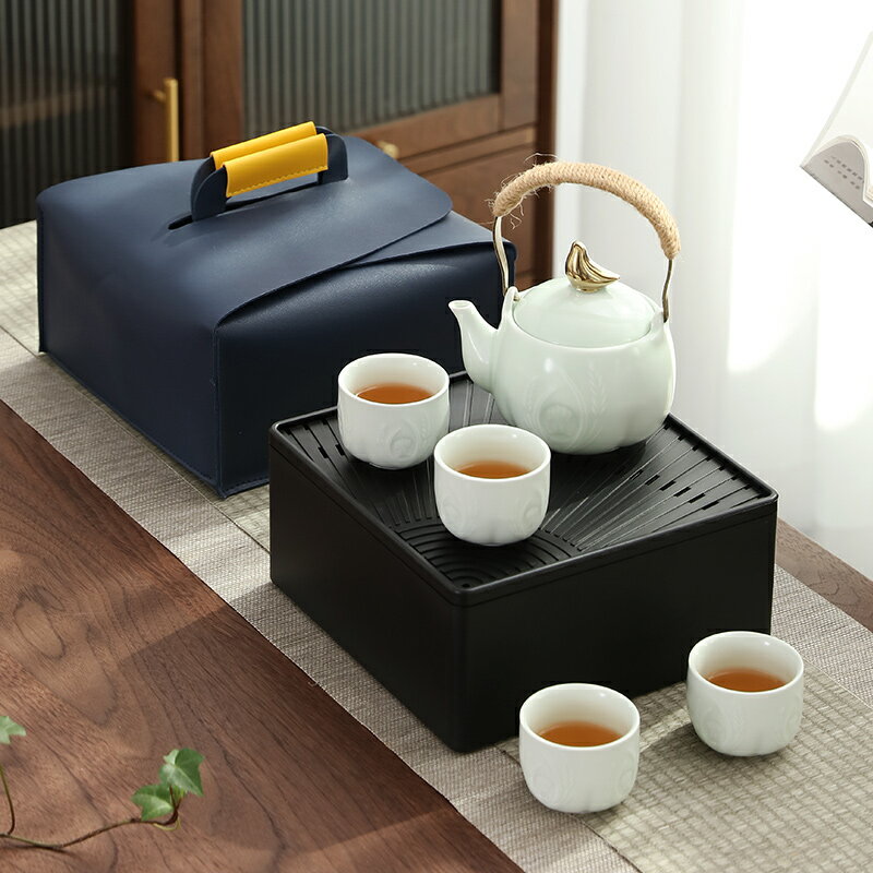 陶瓷提樑壺功夫茶具套裝大號泡茶壺茶杯水杯家用便攜收納旅行包 茶具組 泡茶器具