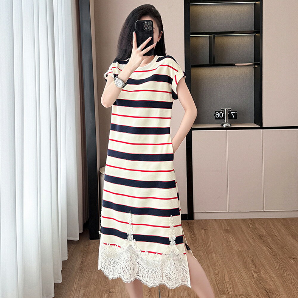 ＊ORead＊蕾絲拼接條紋休閒連身裙(圖片色S~3XL)
