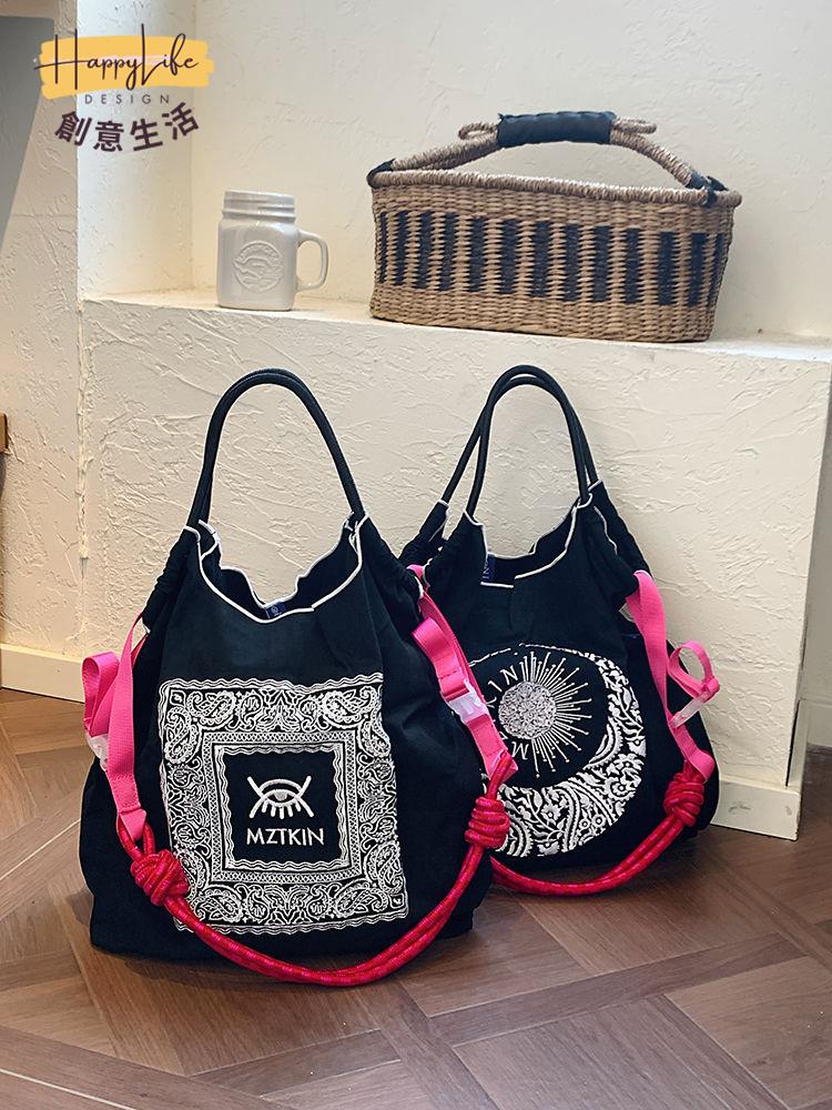 日系原創腰果花刺繡購物袋百搭大容量通勤時尚環保袋單肩斜挎包女 c7071