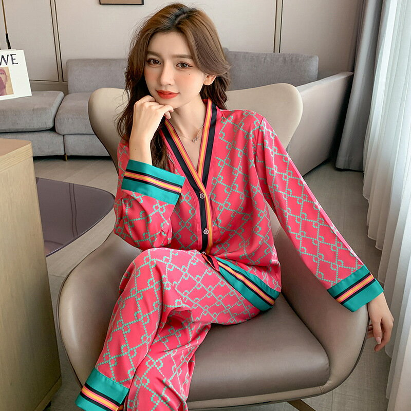 睡衣套裝長袖休閒服-冰絲印花時尚長褲女居家服2色74fu5【獨家進口】【米蘭精品】
