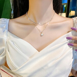 雙層珍珠項鏈小眾鎖骨鏈韓國氣質頸鏈網紅簡約女頸帶脖子飾品吊墜