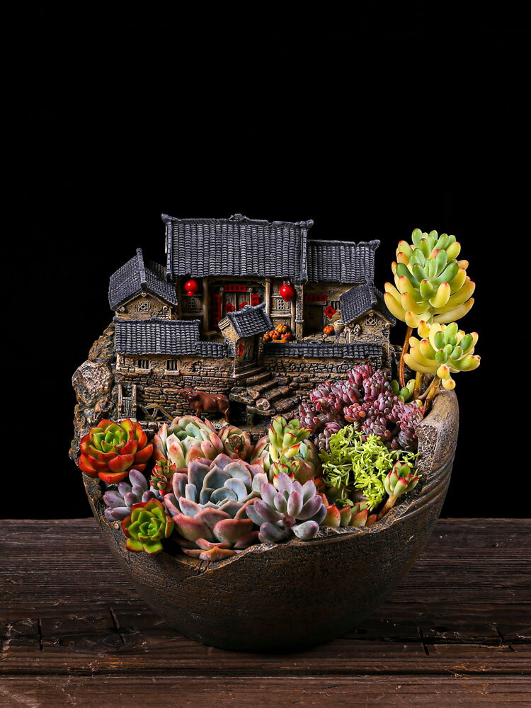 帶燈中式微景觀小房子裝飾花盆造景多肉植物創意盆景個性室內盆栽
