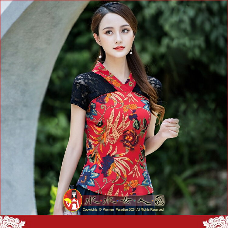夏季唐裝V領上衣旗袍短袖民族風棉麻印花女唐裝改良復古蕾絲大碼氣質女裝日常修身-紅葉-水水女人國