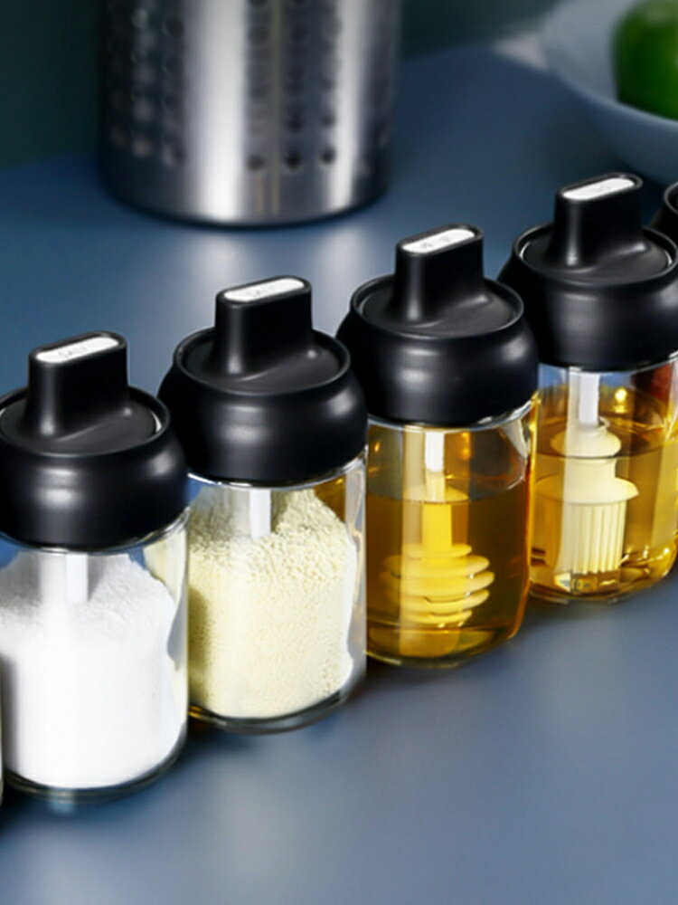 玻璃調味罐勺蓋一體廚房調料罐子家用蜂蜜瓶帶刷油刷子鹽罐味精盒