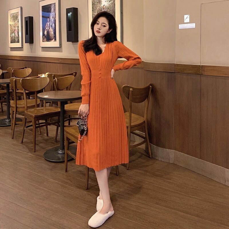 【巴黎精品】洋裝針織連身裙-長袖韓版純色V領高腰女裙子3色w1ae51