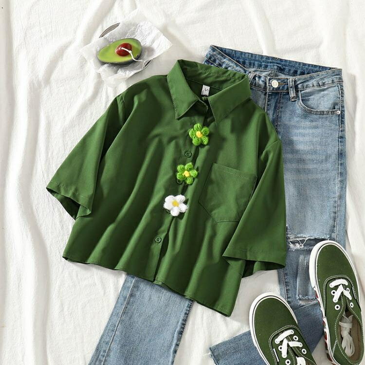 襯衫女設計感小眾polo衫可愛短款新款夏裝綠色襯衣泫雅風短袖上衣