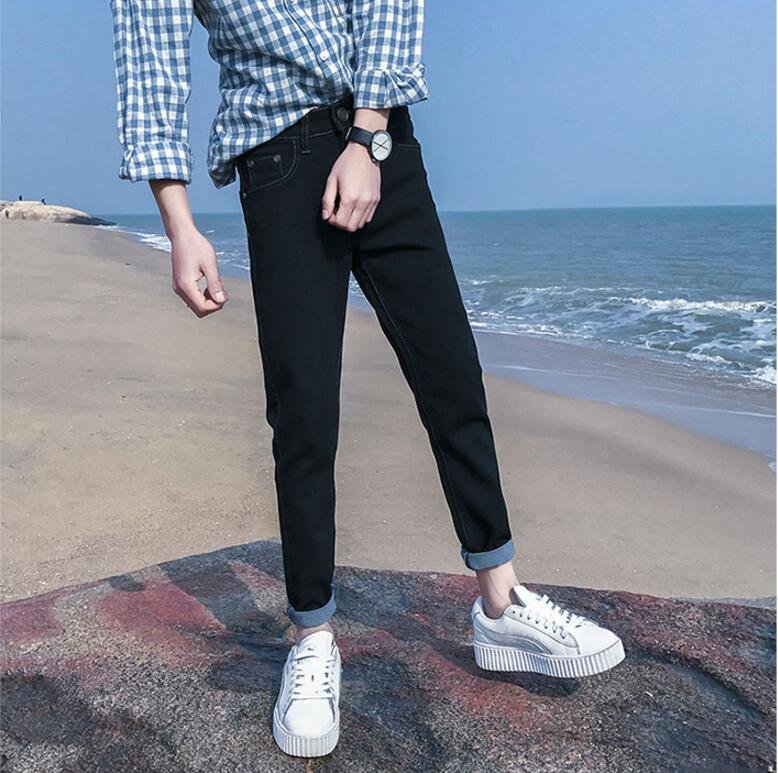 FINDSENSE品牌 時尚潮流 男 百搭簡約款 牛仔褲 九分褲 直筒褲 黑色 深藍色