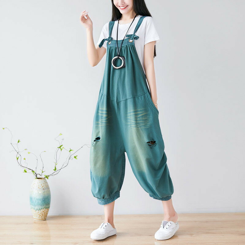 【巴黎精品】牛仔褲吊帶長褲-春夏吊帶水洗破洞拼接女褲子3色a1ir52