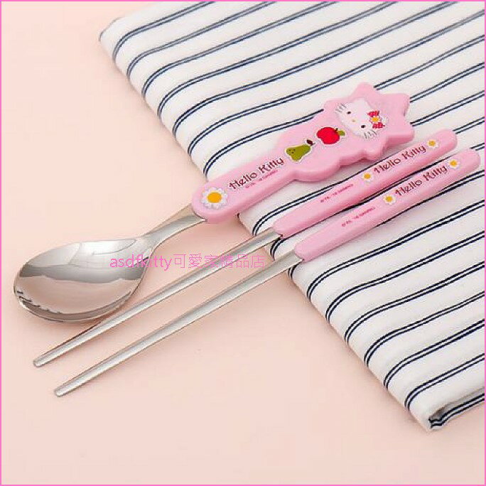 asdfkitty可愛家☆KITTY向日葵粉紅色膠柄304不鏽鋼湯匙+筷子-韓國製