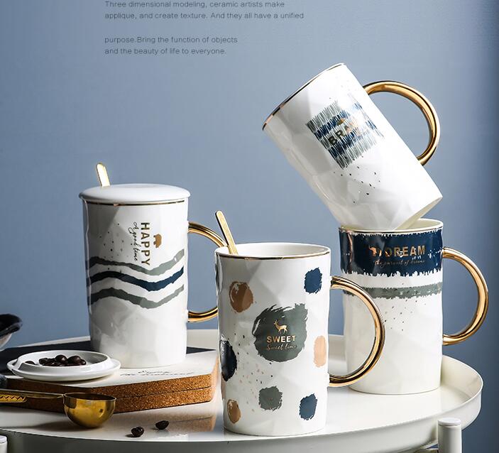 陶瓷杯子創意個性潮流馬克杯帶蓋勺簡約情侶喝水杯家用茶杯咖啡杯「限時特惠」