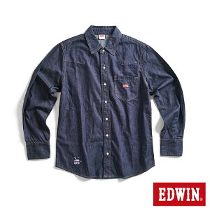 EDWIN 露營系列 刺繡LOGO長袖牛仔襯衫-男款 原藍色 #換季折扣