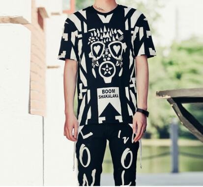 FINDSENSE MD 韓國 潮 男 嘻哈 街頭時尚 特色幾何頭像圖案 另類 夜店DJ發型師 短袖T恤 特色短T