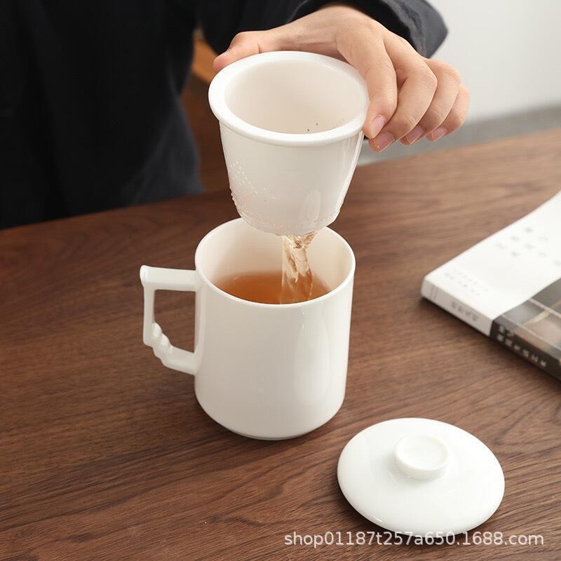 {618大促}羊脂玉白瓷馬克杯茶水分離過濾泡茶杯陶瓷杯辦公杯辦公室水杯logo
