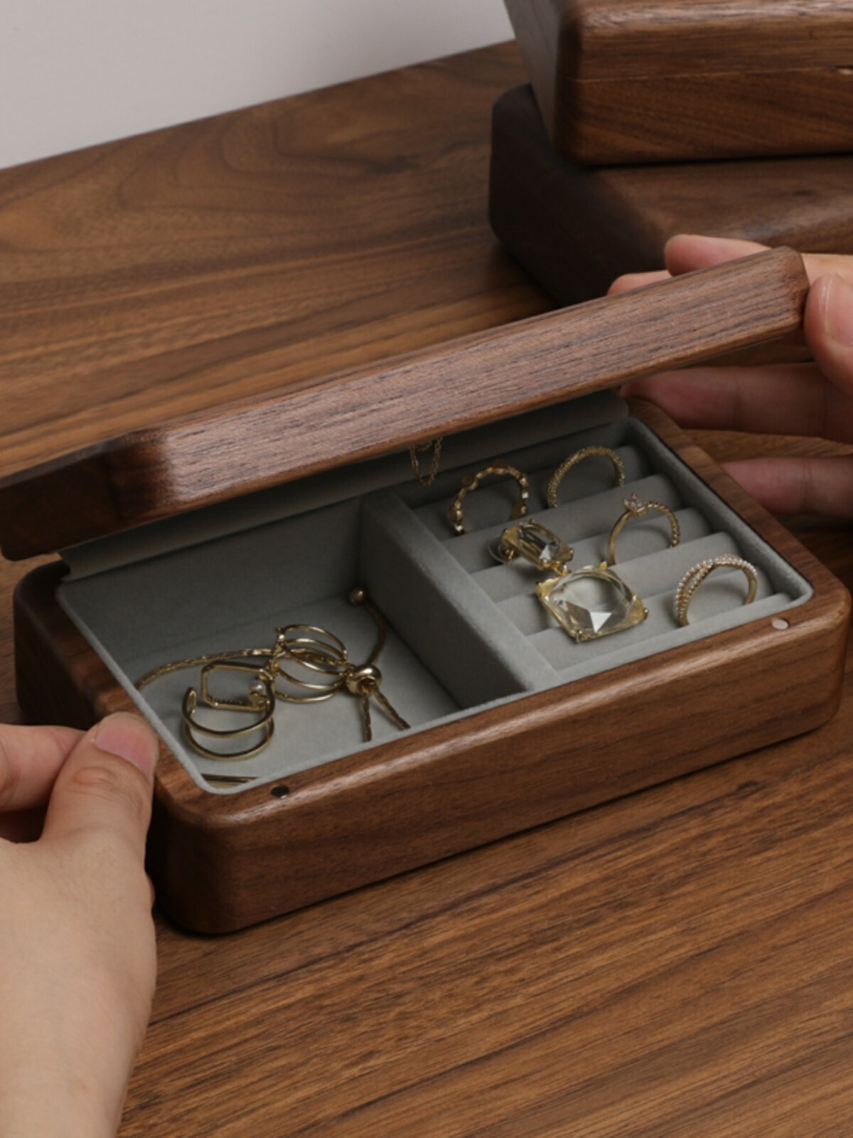 黑胡桃實木首飾盒收納盒質絨布高檔精致高端珠寶戒指耳飾手飾品盒