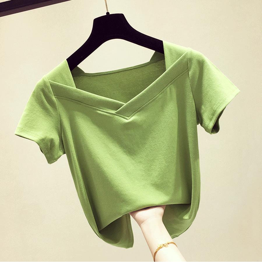 綠色V領修身短袖女t恤夏裝新款韓版白色半袖ins網紅短款上衣