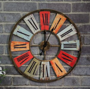 美琪 (美式鄉村)舊彩色時鐘大鐘복고풍復古工業風酒吧咖啡館카페裝飾鐵藝壁掛鐘