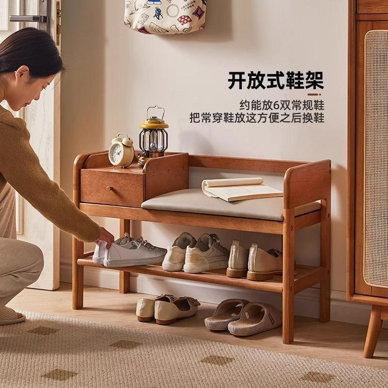 公司貨 超低價 家用門口換鞋凳帶抽穿鞋凳入戶進門凳實木可坐鞋櫃高階感玄關鞋架 快速發貨