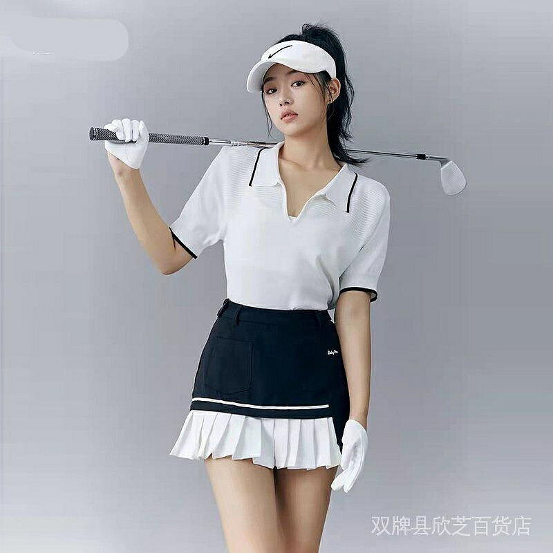 【下殺 】韓國高爾夫球服裝女套裝財概千金範白色冰絲短袖golf速乾百褶短裙 高爾夫球衣