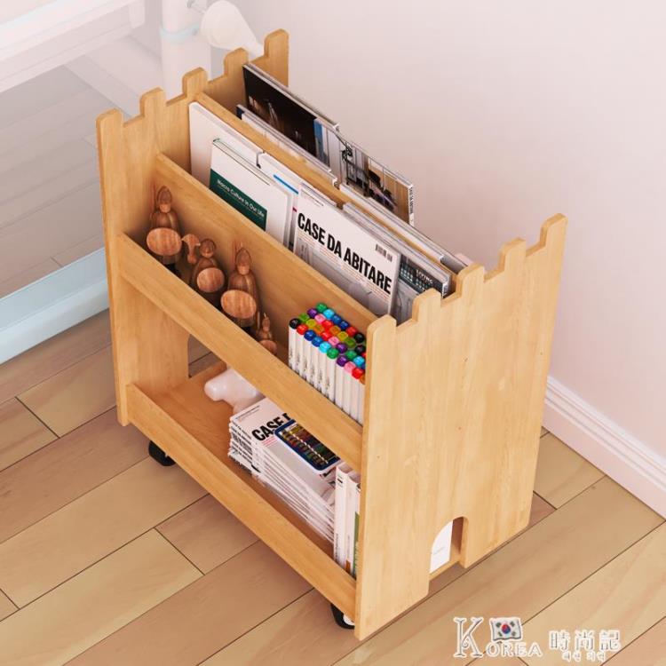書桌旁的簡易書架帶輪可移動桌下小型辦公室桌邊收納置物實木書櫃 交換禮物全館免運