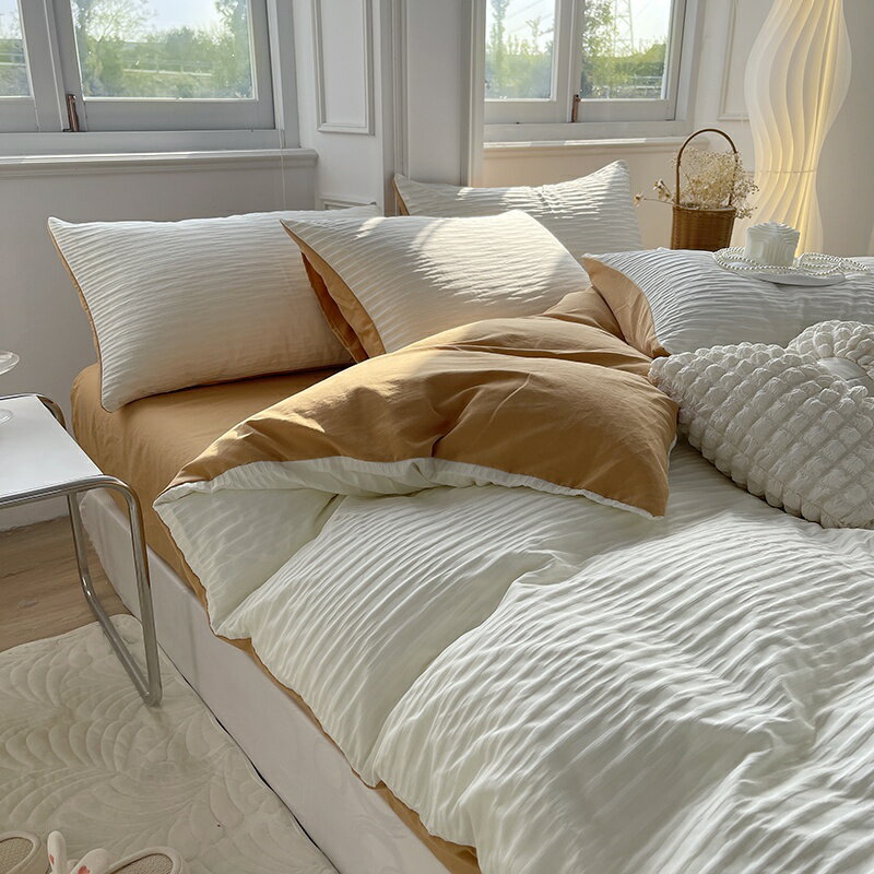 高品質奶油泡泡紗寢具床單床包四件組單人雙人床透氣枕套被套