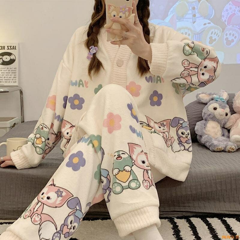 日系ins 珊瑚絨睡衣女冬長袖加絨加厚保暖法蘭絨大碼秋冬季家居服加厚睡衣睡袍 卡通 甜美 可愛 珊瑚絨家居服