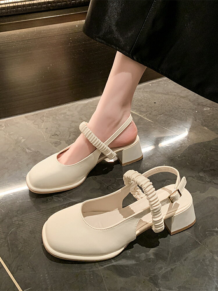 包頭涼鞋女2024新款夏季仙女風中粗跟後空單鞋配裙子瑪麗珍高跟鞋【淘夢屋】