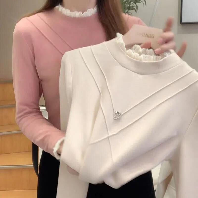 單兩件雙面德絨蕾絲半高領 打底衫 女冬季新款 加絨 刷毛衣 加厚顯瘦保暖衣 發熱衣 內搭衣 保暖衣 打底衫女