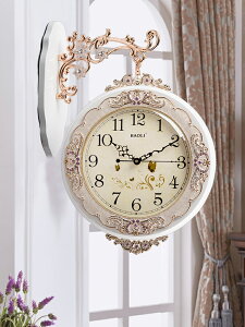 寶麗歐式雙面掛鐘客廳創意藝術兩面裝飾實木現代壁鐘表靜音大掛表