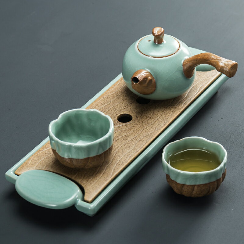 汝窯一壺兩杯2人陶瓷茶盤簡易家用小型辦公茶具套裝側把茶壺禮盒