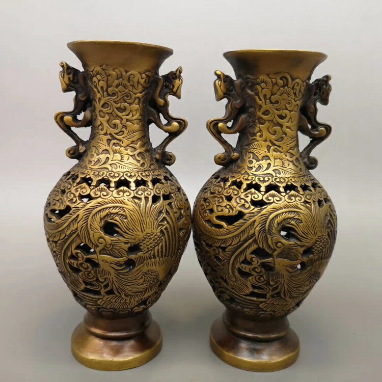 古玩新款黃銅十品雜項 老銅鏤空龍鳳賞瓶一對 客廳裝飾擺件收藏品