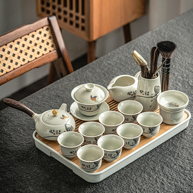 功夫茶具套裝家用客廳簡約陶瓷干泡茶盤輕奢現代小套蓋碗泡茶器