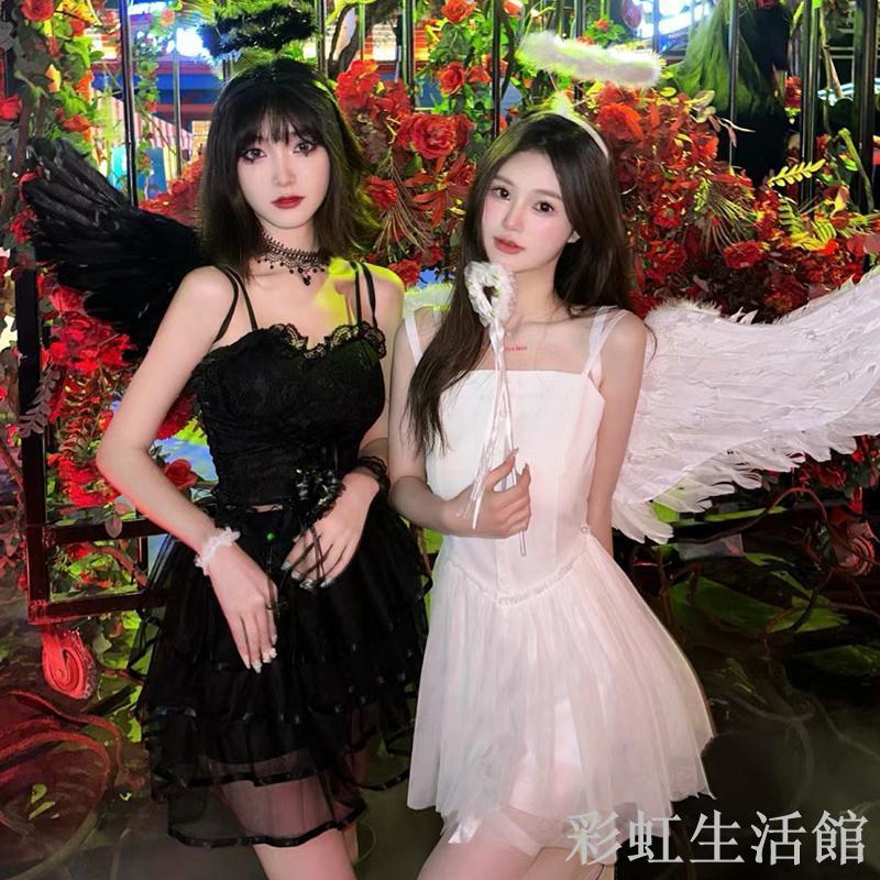 天使翅膀背飾精靈惡魔萬聖節服裝cos白色黑色羽毛成人服飾小道具