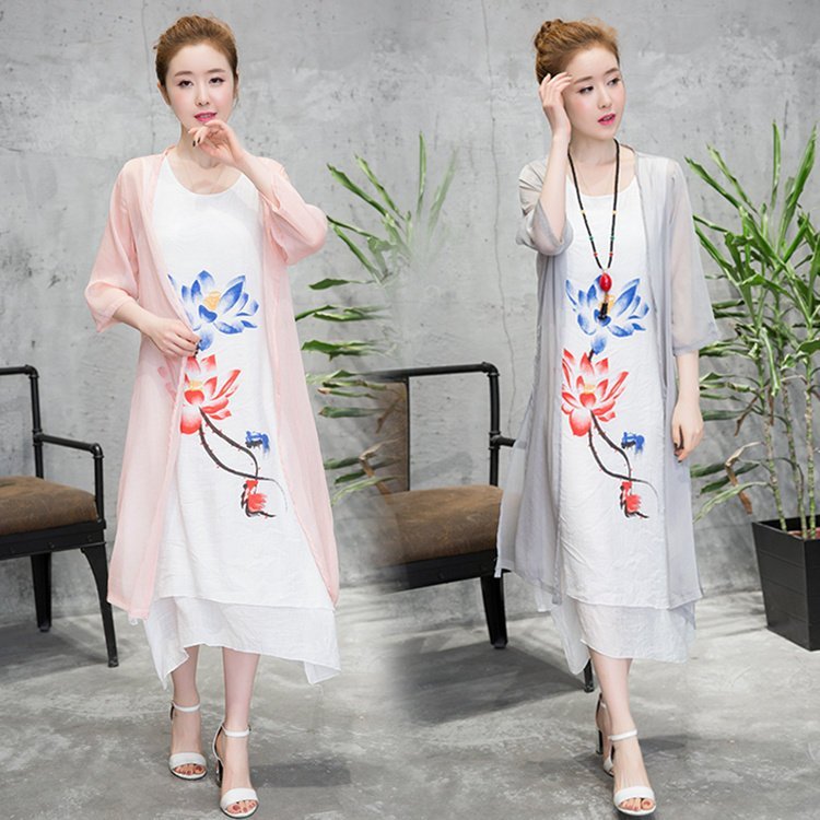 FINDSENSE G5 韓國時尚 兩件套 棉麻 連身裙 中長款 水墨 亞麻 長裙