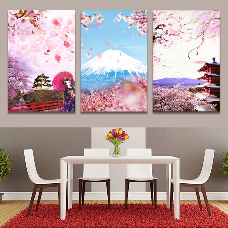 日本富士山櫻花風景掛畫日式壽司料理店裝飾畫居酒屋仕女圖墻壁畫| 小夫