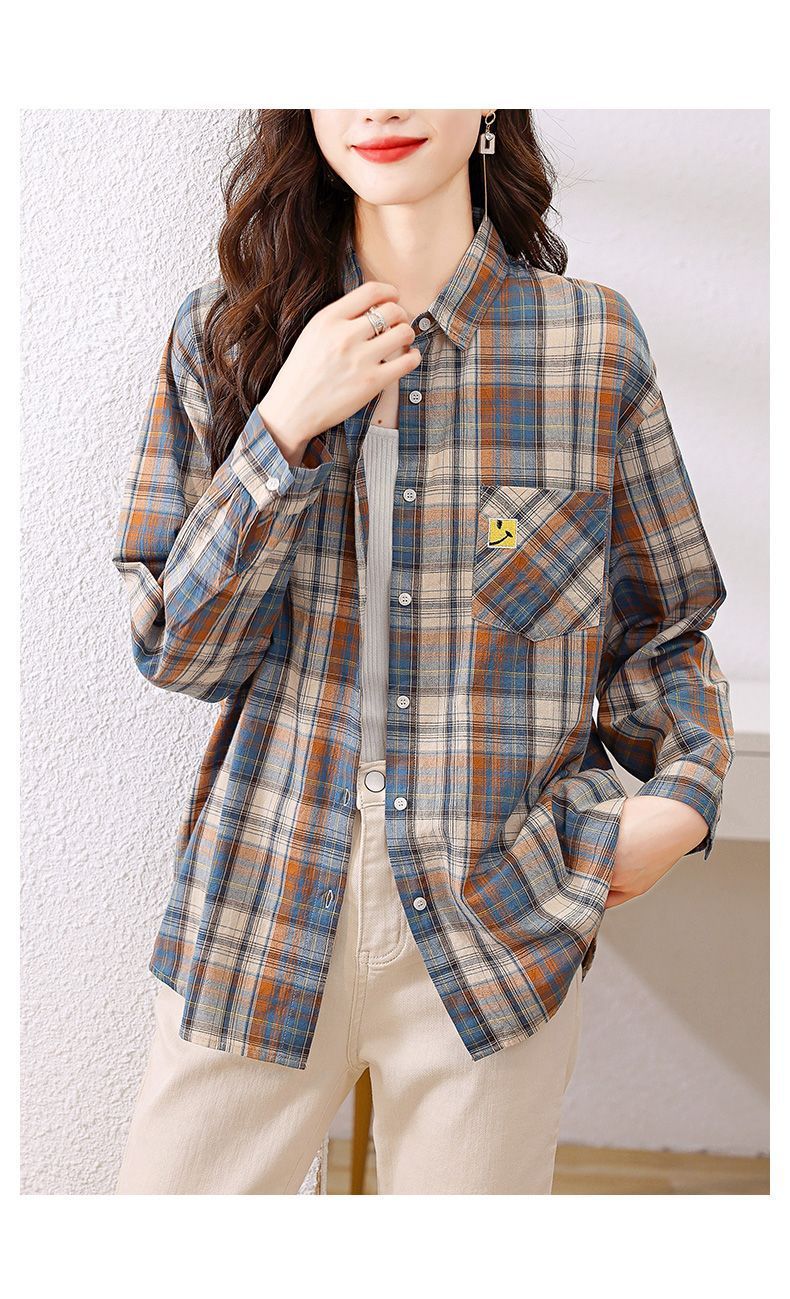 女裝 女上衣 衣服 寬鬆上衣 韓版襯衫 格子 棉質格子襯衫女長袖春裝新款韓版時尚設計感顯瘦襯衣女上 6