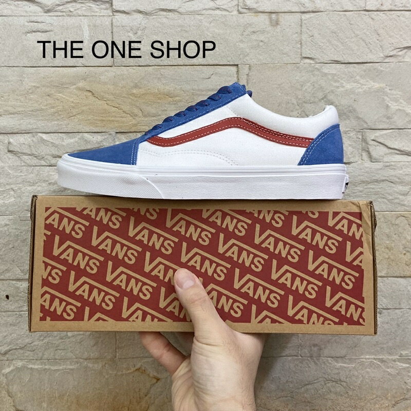 VANS Old Skool 白色 米白 藍色 紅線 紅色 白藍紅 帆布鞋 VN0A38G19XG
