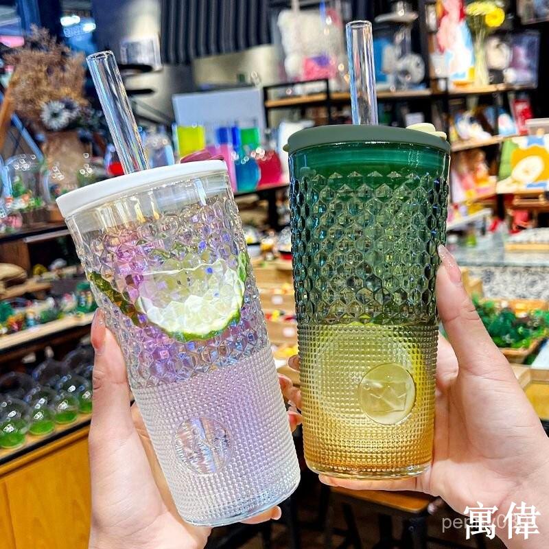 大容量喝水杯 趣味水杯 ins風大水杯 高顏值便攜水杯 隨身杯 隨行 杯 環保杯網紅新款小眾ins風吸管玻璃杯子大容量高