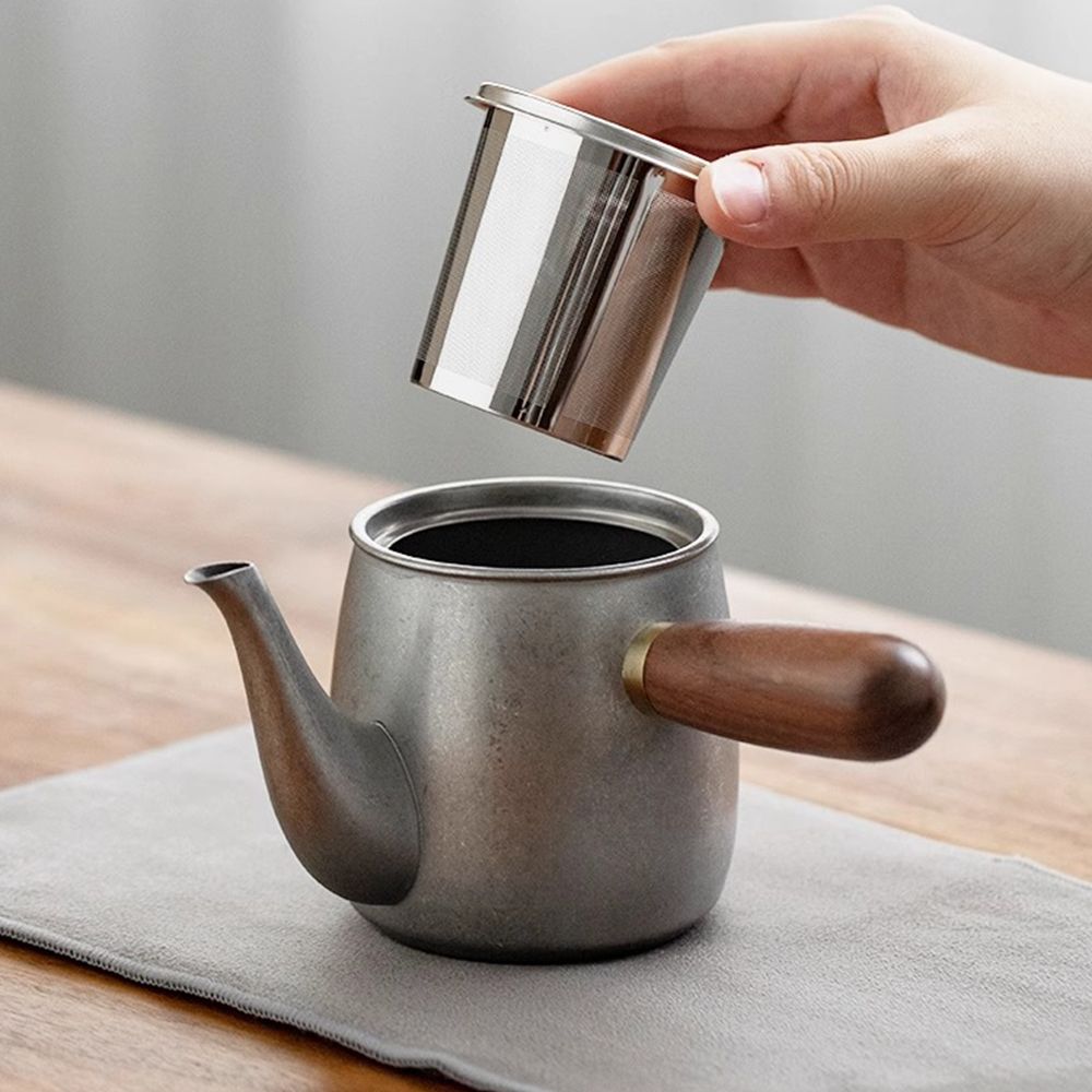 公司貨 免運 小Q側把泡茶壺日式掛耳手沖咖啡壺復古不銹鋼茶具家用便攜式茶壺 快速發貨
