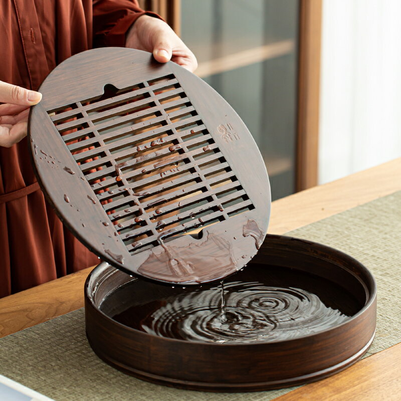 圓形簡易茶盤瀝水盤竹制現代簡約小茶臺家用小型干泡臺儲水式托盤