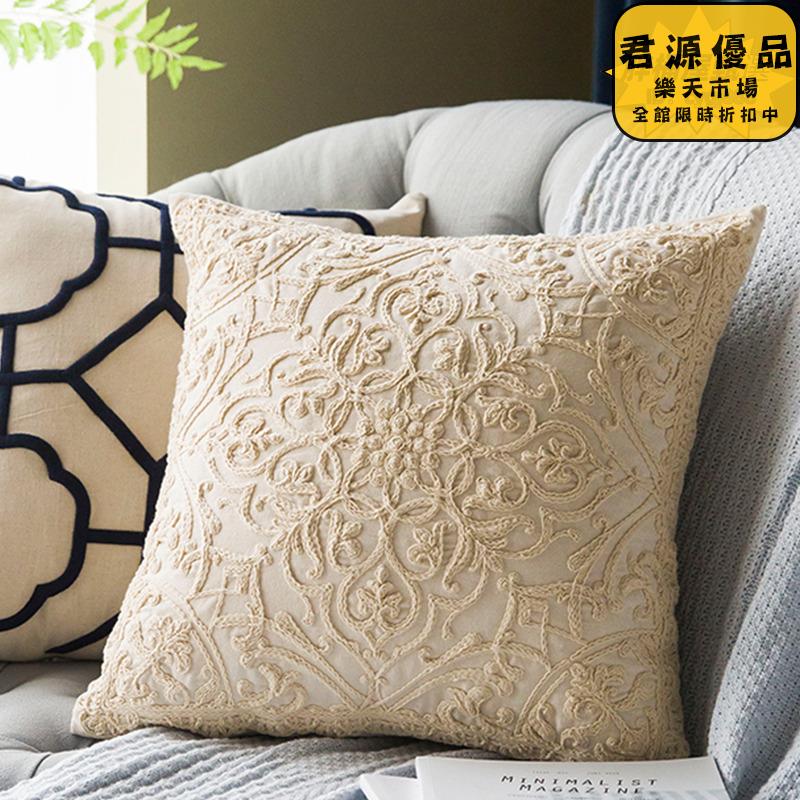 抱枕 靠枕 6JN亞麻布繡花抱枕復古美式沙發抱枕客廳靠墊棉麻靠枕套不