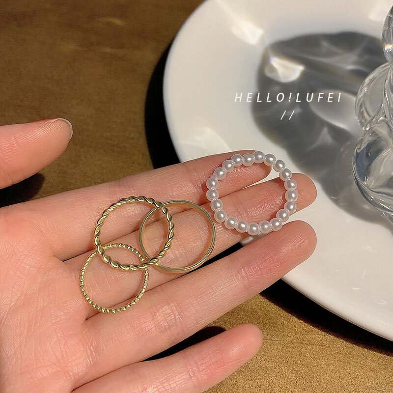 小眾設計戒指4只裝~冷淡風珍珠素圈疊戴關節戒女ins潮高級感指環