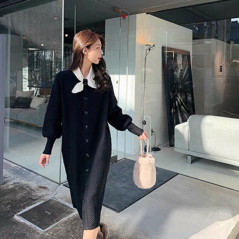 針織長袖連衣裙女秋冬季內搭打底小個子氣質慵懶風仙氣甜美長裙子
