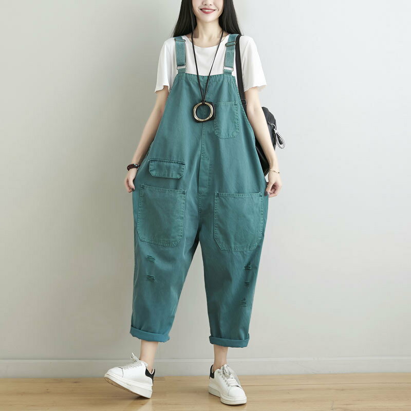 【巴黎精品】牛仔褲吊帶長褲-復古民族風寬鬆水洗破洞女褲子3色a1ir38