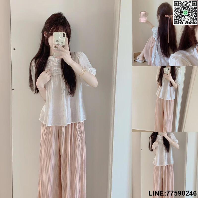 【歡樂購】夏季小個子鹽系穿搭洋氣甜美清新顯瘦溫柔風上衣闊腿褲兩件套裝女
