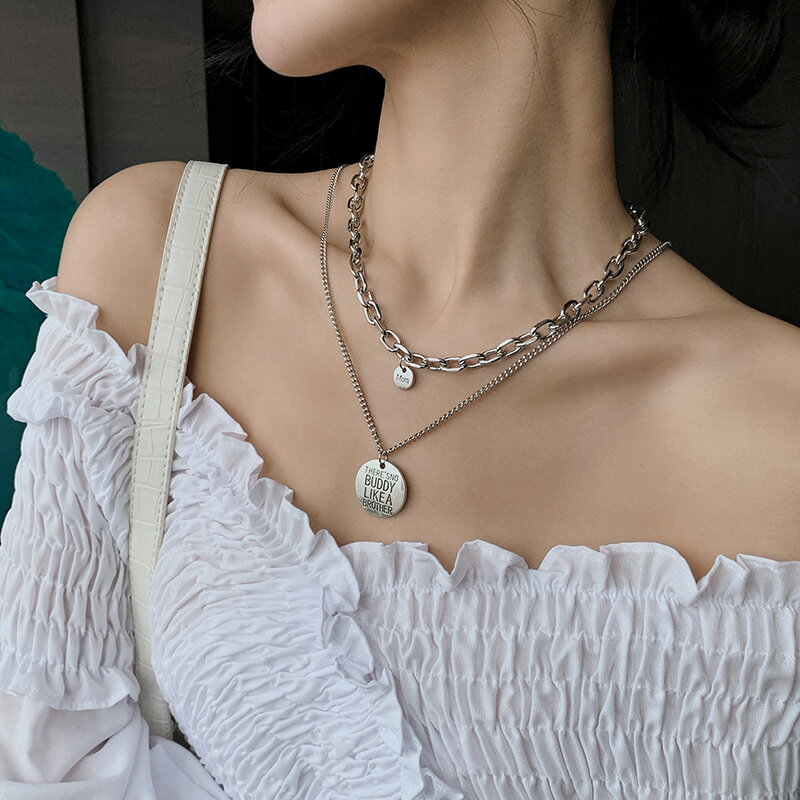 銀色圓片吊牌項鏈女韓版時尚網紅鎖骨鏈個性百搭雙層冷淡風飾品潮