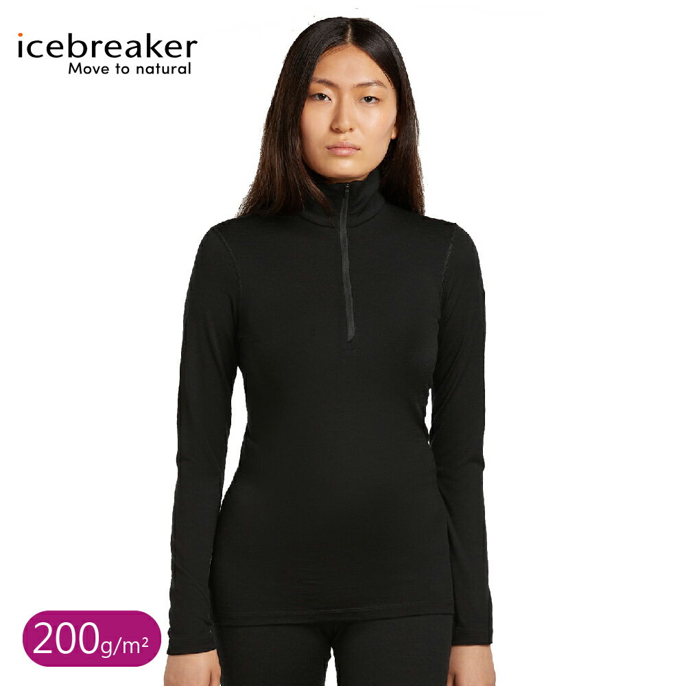 【Icebreaker 女 Oasis 半開襟長袖上衣 200《黑》】B04380/排汗衣/羊毛長T