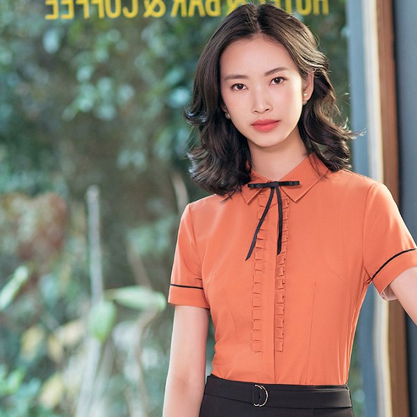 灰姑娘[8S093-PF]襯衫領波浪抓摺OL短袖襯衫上衣(不含領結)~