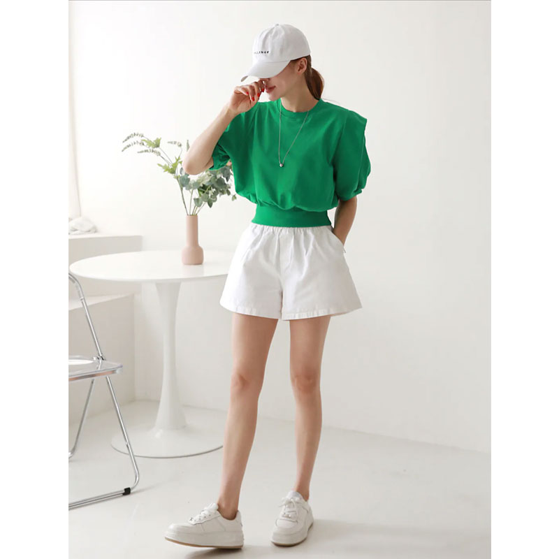 ANNAS 正韓墊肩造型短袖上衣 棉質短T 百搭素面顯瘦縮腰 韓國短袖T恤 2